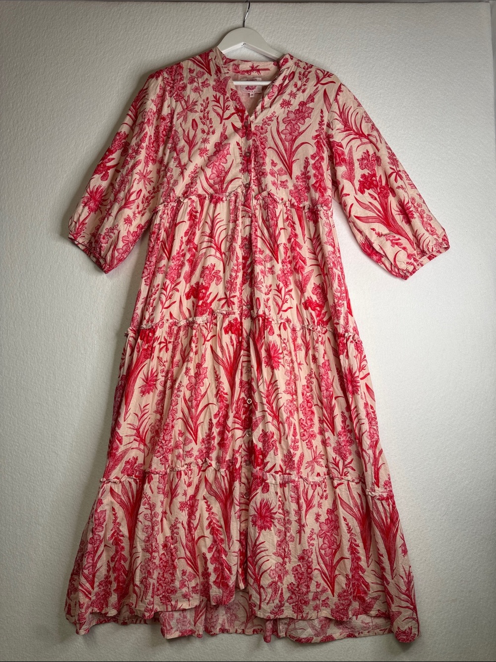 Victoria Dunn Designs Ivory Maxi Dress with Hot Pink Floral Design, Size Medium